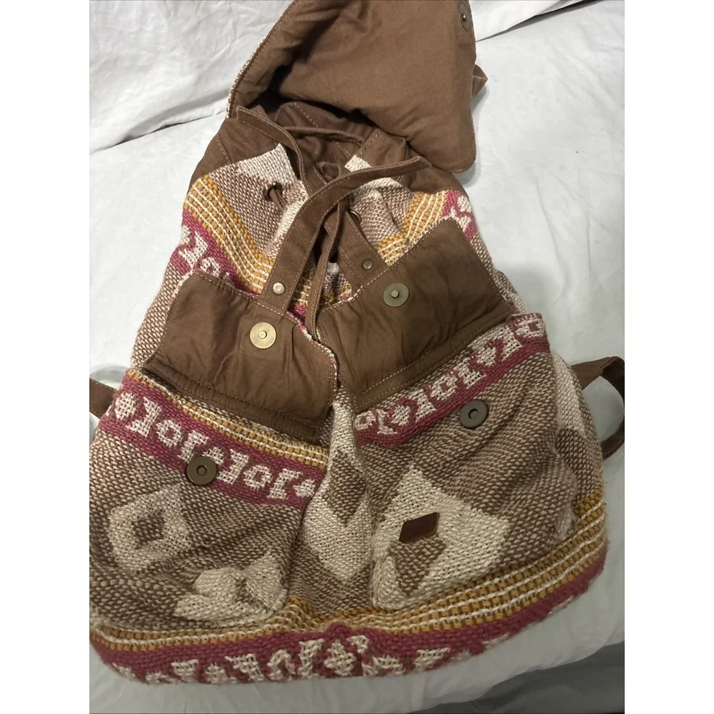 Roxy Drifter Rucksack Woven Boho Drawstring Neutral Tan‎ Pink Hippy Backpack Bag